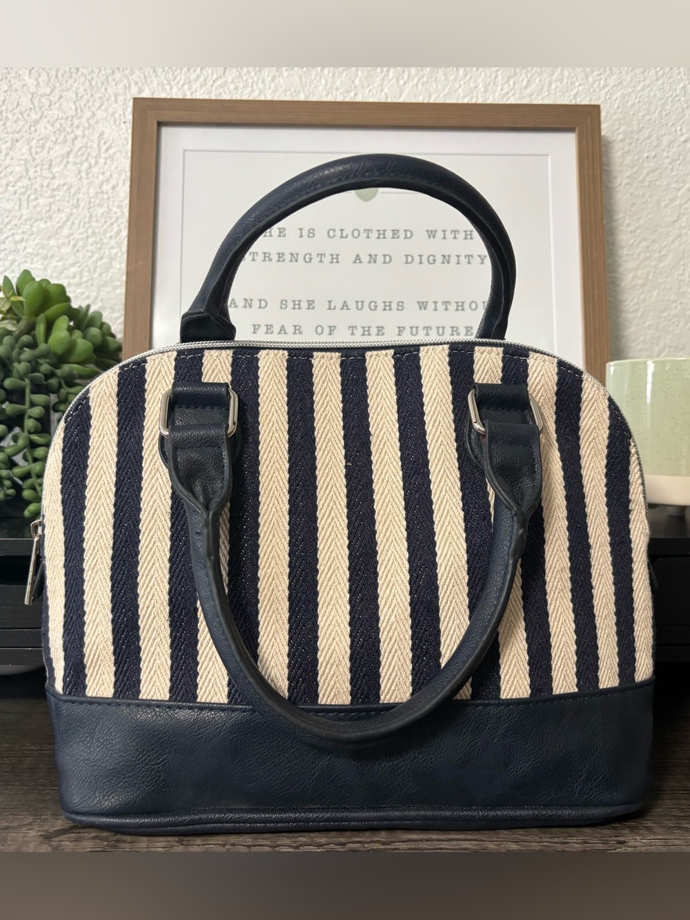 Striped Navy and Cream Satchel Bag with Navy Trim